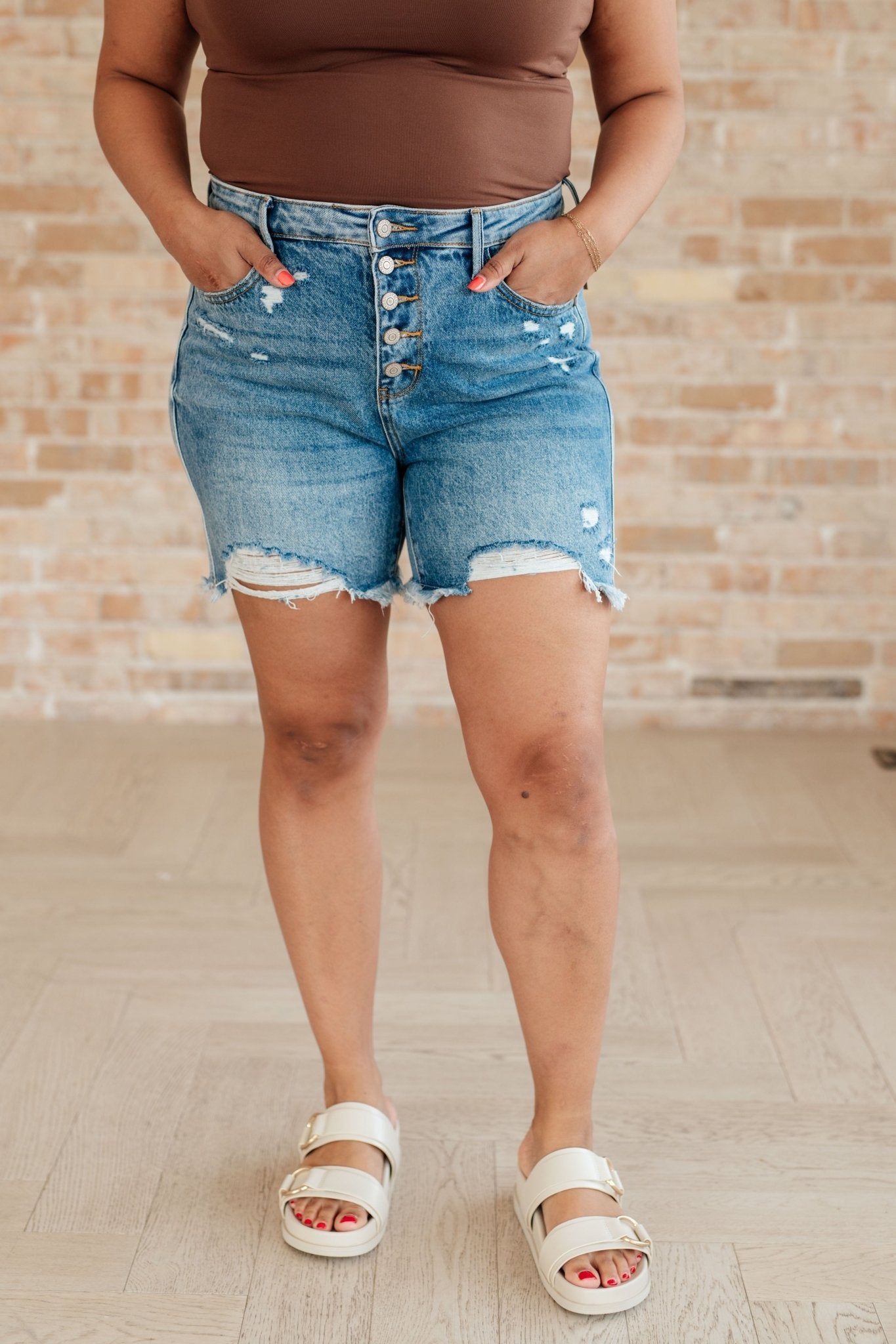 Kara High Rise Rigid Magic Button Fly Cutoff Shorts - Loving God