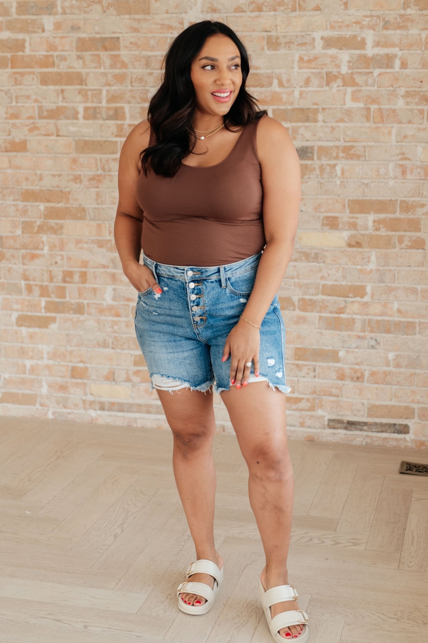 Kara High Rise Rigid Magic Button Fly Cutoff Shorts - Loving God