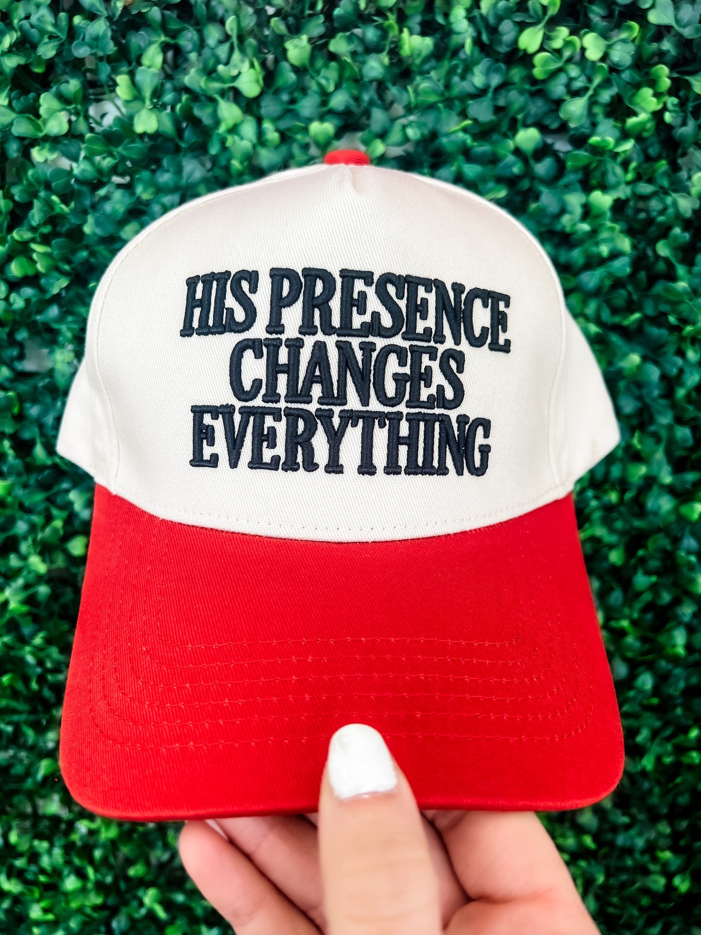 Loving God | His Presence Changes Everything Hat Snapback Adjustable Red Bill Black Puff Embroidered Unisex - Loving God