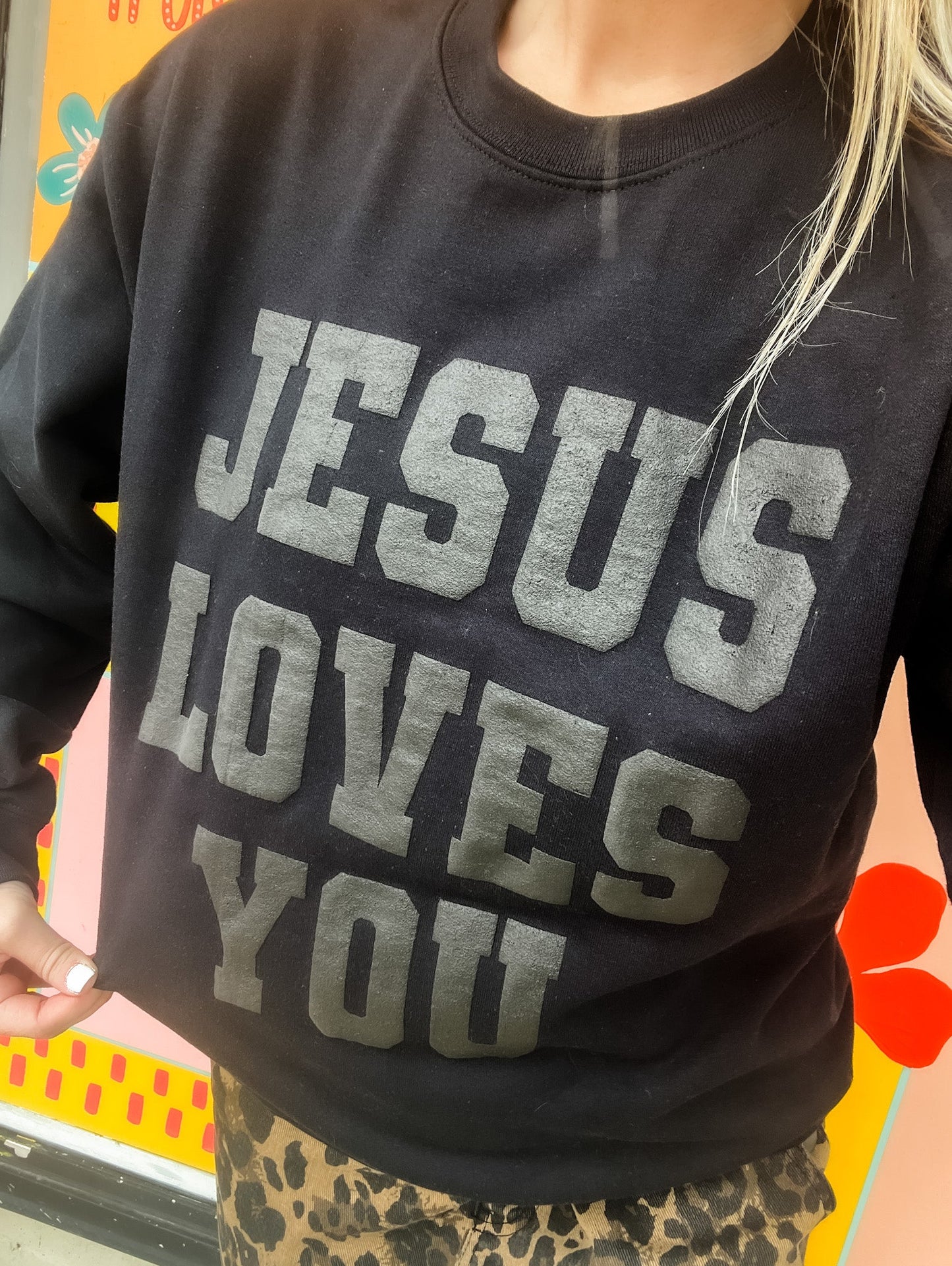 Loving God | Jesus Loves You Black Loose Fit Crewneck Size up for Oversize Christian Apparel - Loving God