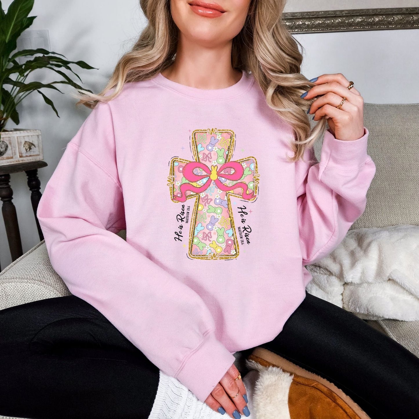 Peeps and Bows Cross Graphic Sweatshirt - Loving God
