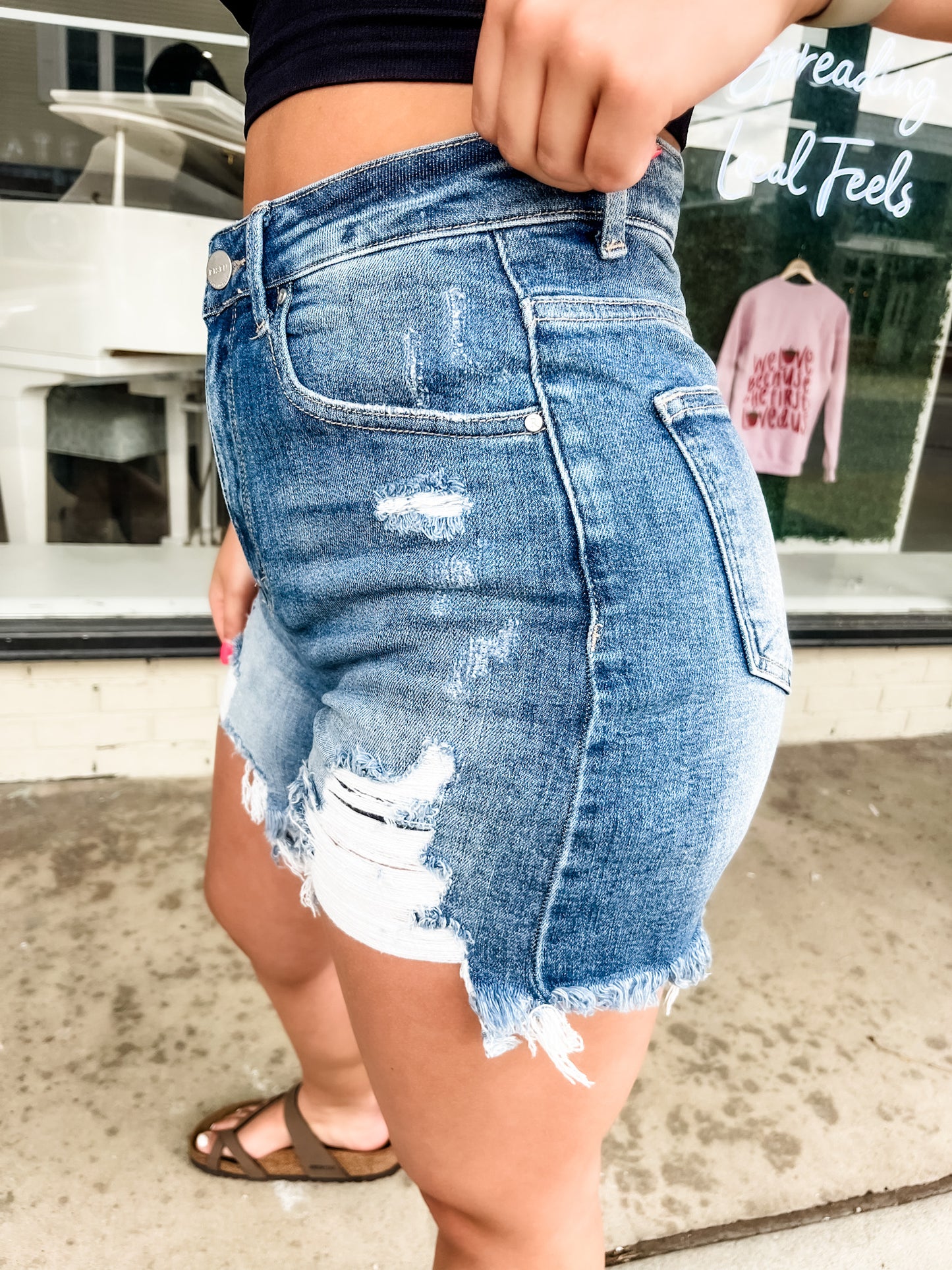 Loving God | Riley Distressed Denim Shorts