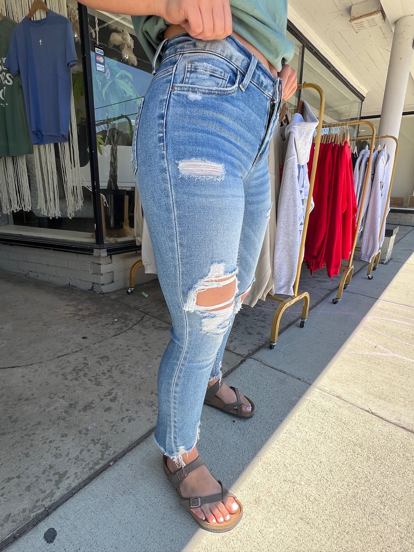 Loving God | Kelly Distressed Mid-Rise Skinny Denim Jeans