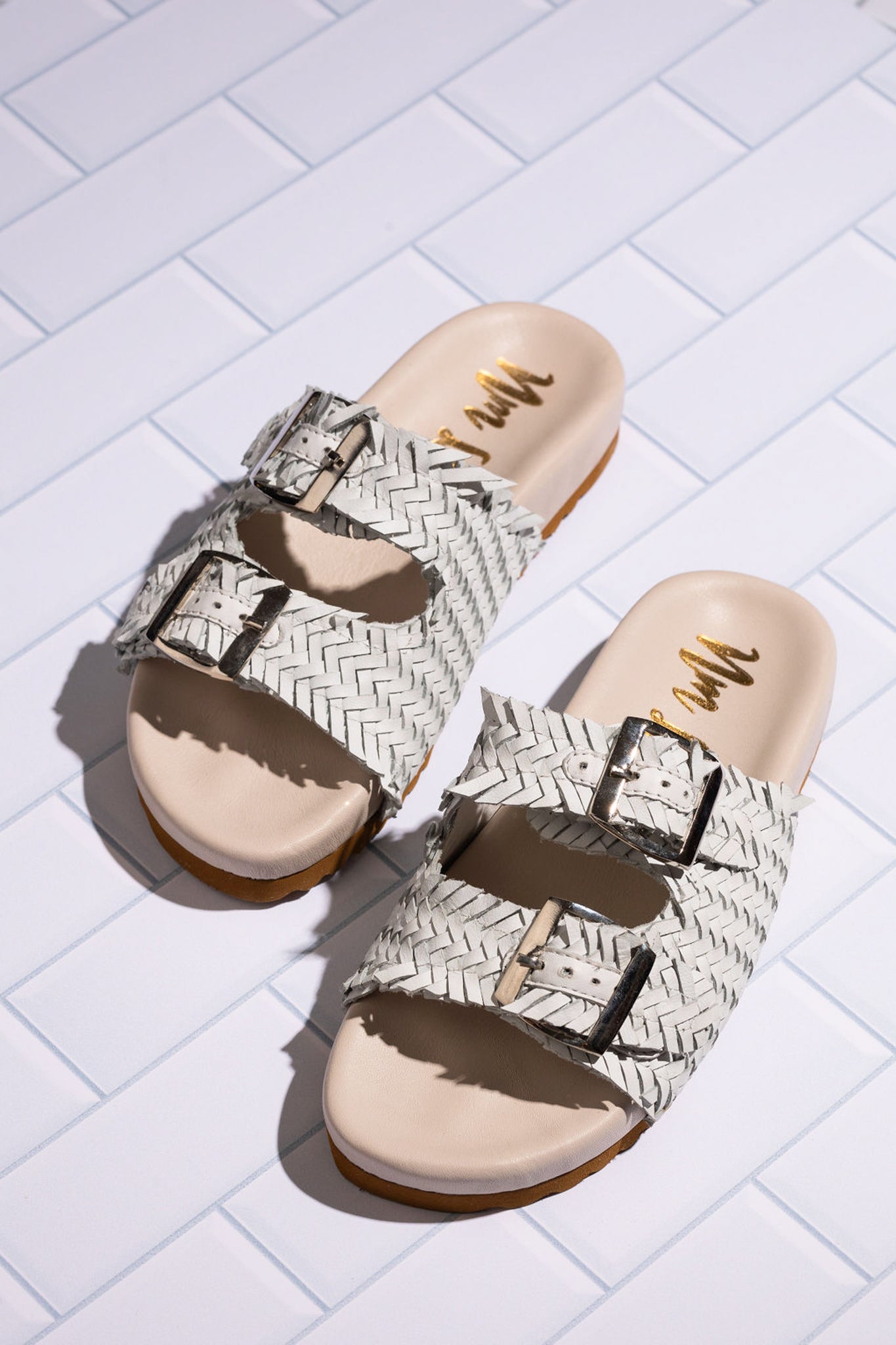 Intertwine Dual Woven Strap Slide in White - Loving God