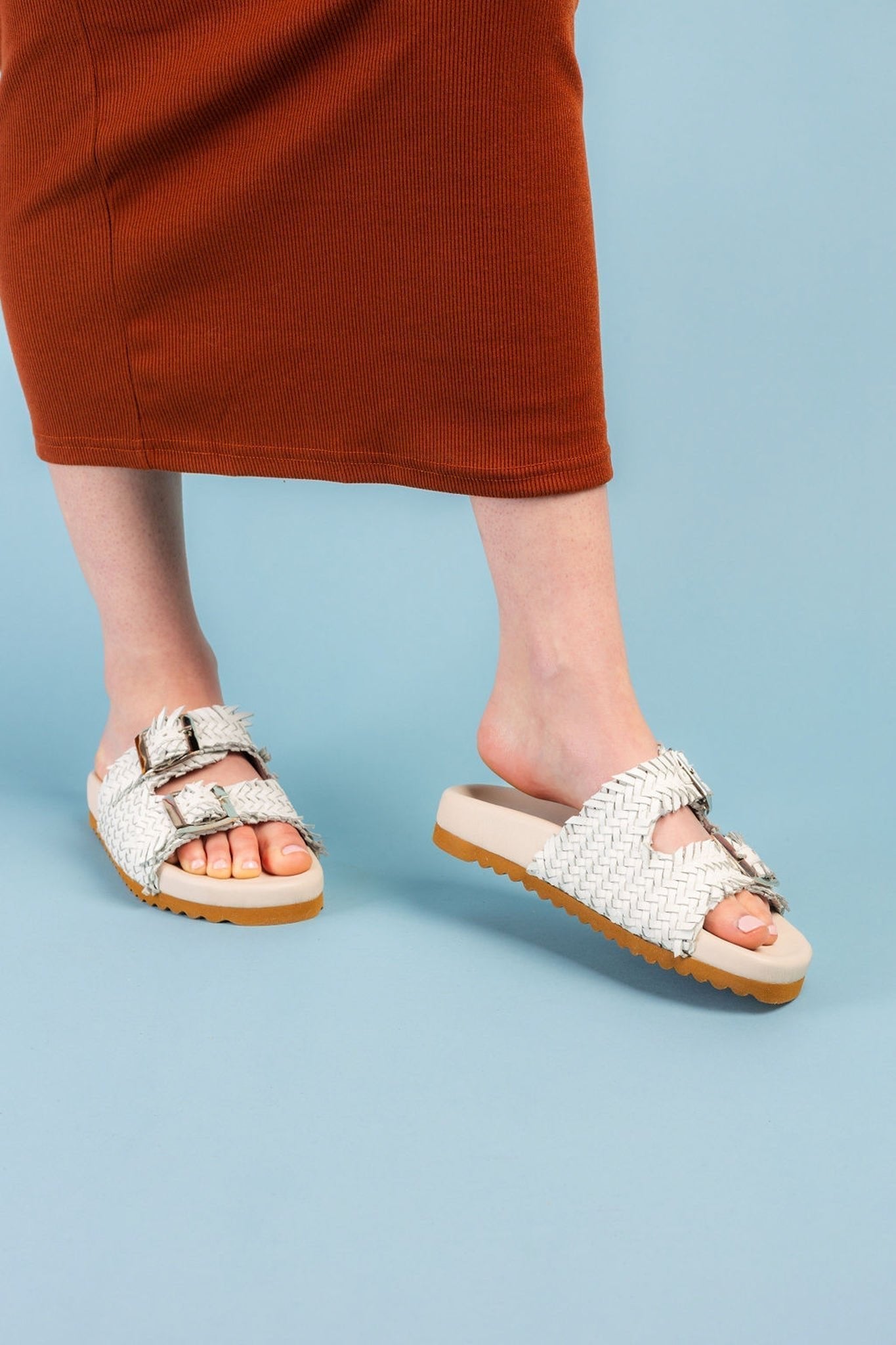 Intertwine Dual Woven Strap Slide in White - Loving God