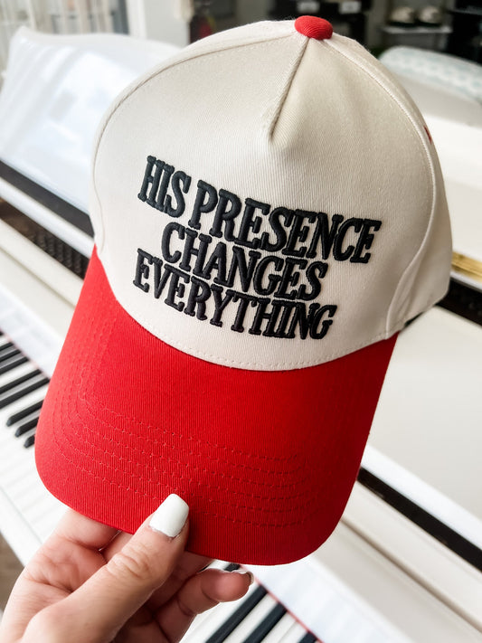 Loving God | His Presence Changes Everything Hat Snapback Adjustable Red Bill Black Puff Embroidered Unisex - Loving God