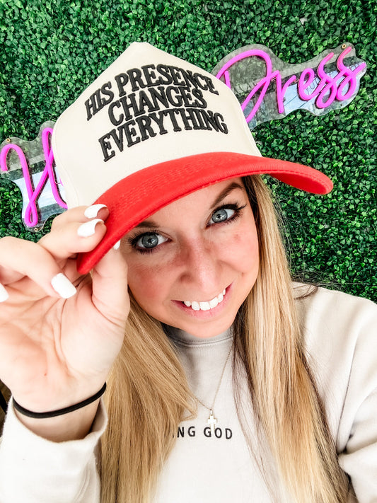 Loving God | His Presence Changes Everything Hat Snapback Adjustable Red Bill Black Puff Embroidered Unisex - Loving God
