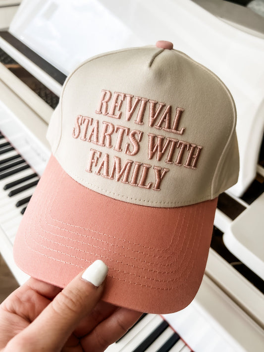 Loving God | Revival Starts with Family Hat Snapback Adjustable Light Pink Puff Embroidered Unisex - Loving God
