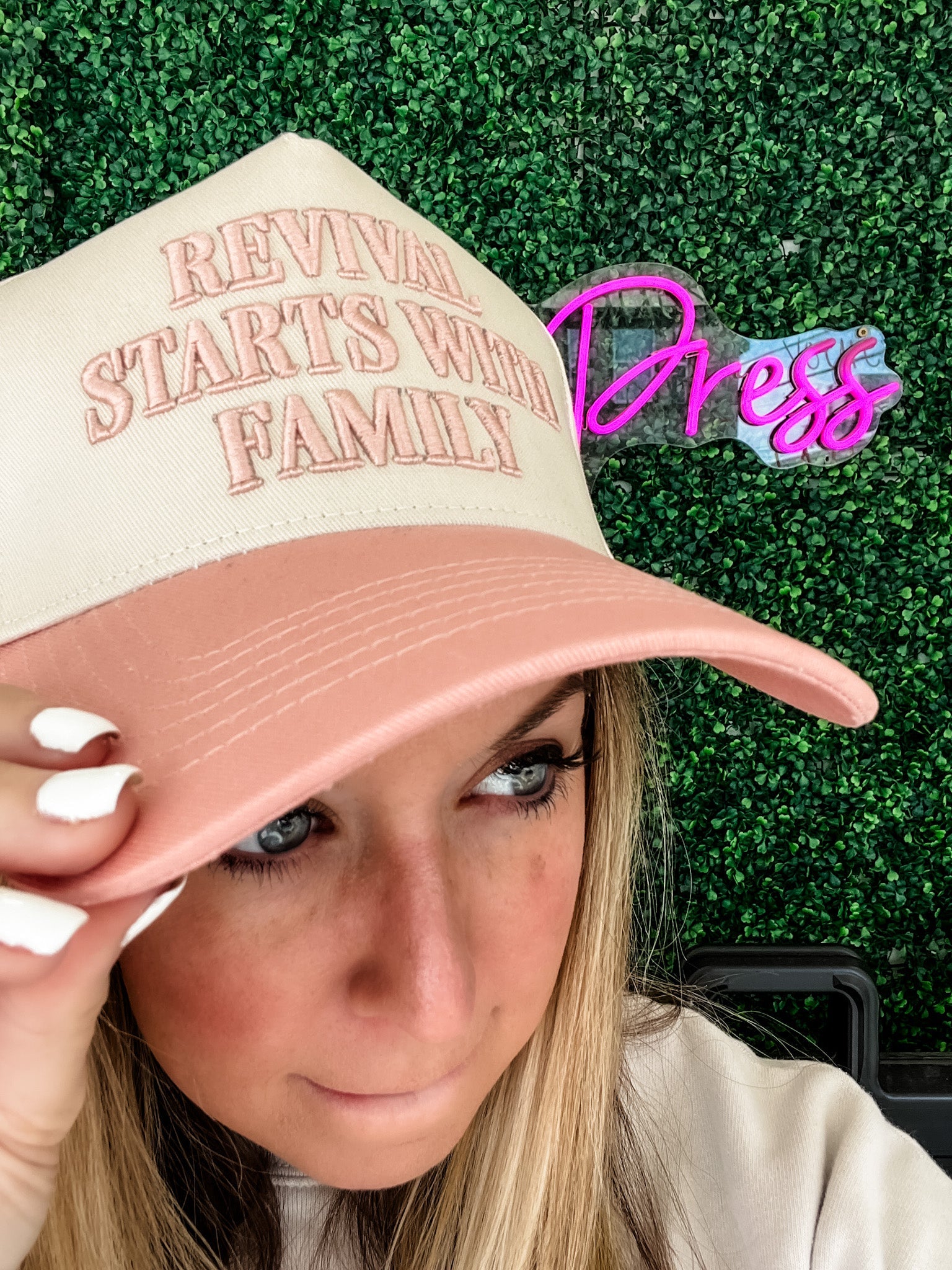 Loving God | Revival Starts with Family Hat Snapback Adjustable Light Pink Puff Embroidered Unisex - Loving God