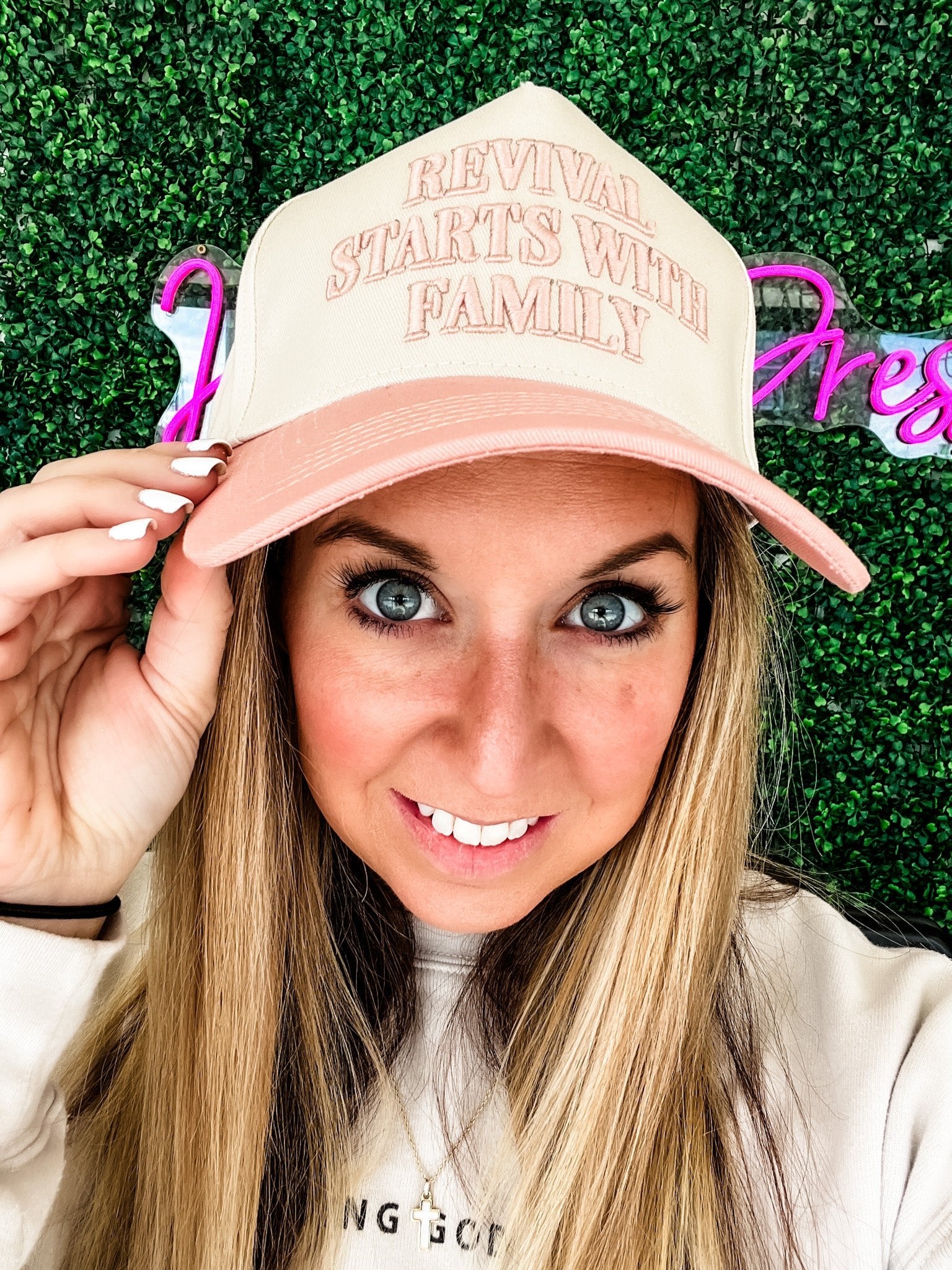 Loving God | Revival Starts with Family Hat Snapback Adjustable Light Pink Puff Embroidered Unisex - Loving God